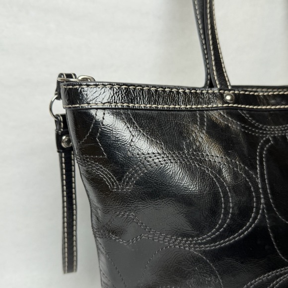 Coach Signature Logo Black Patent Leather Stitch Tote Shoulder Bag Double F15142 - Picture 5 of 16